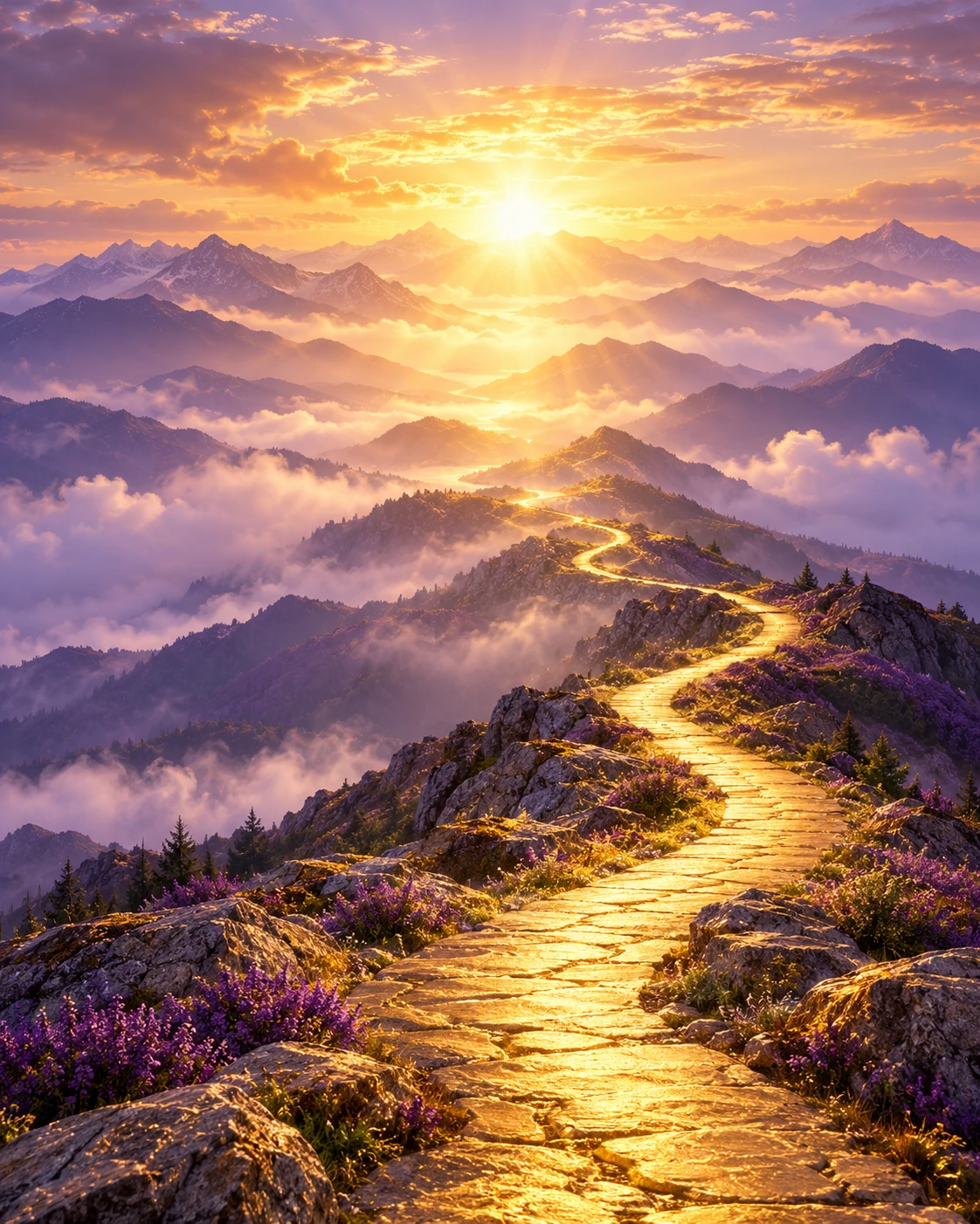 A golden pathway through purple mountains toward the sunrise